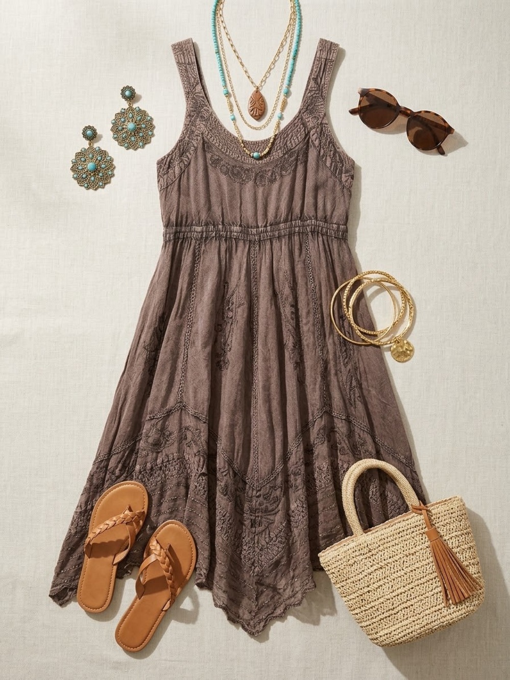 Magic Taupe Embroidered Midi Dress